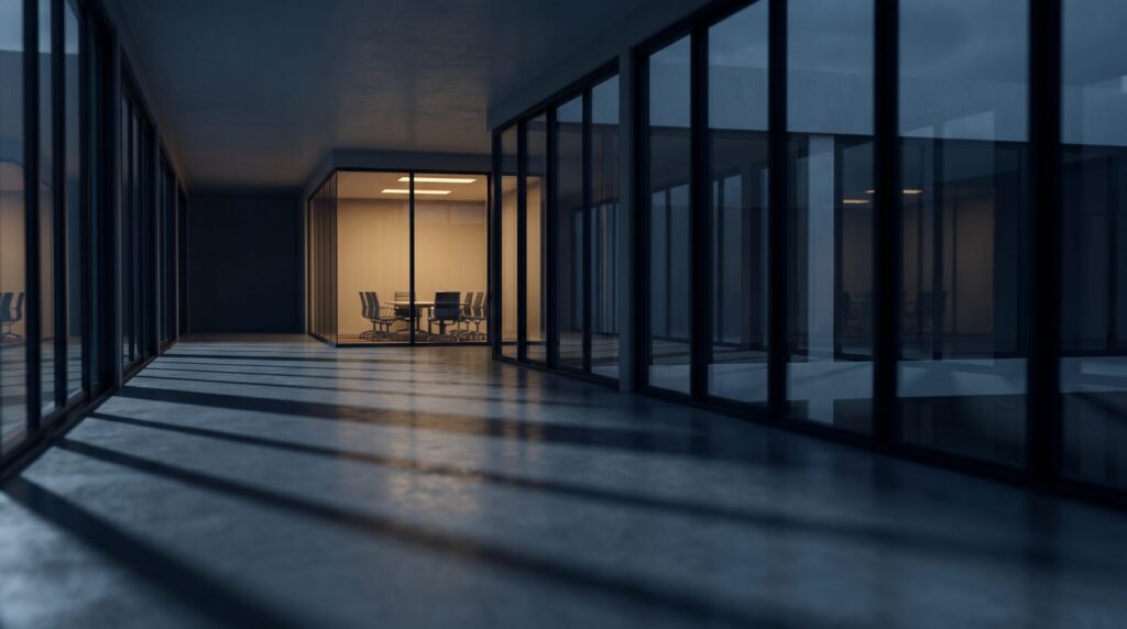 Empty office corridor at dusk representing a toxic workplace