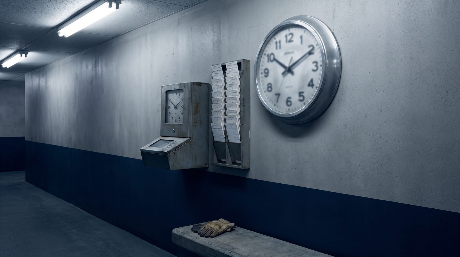 Institutional clock and time clock station representing a rigid scheduling policy