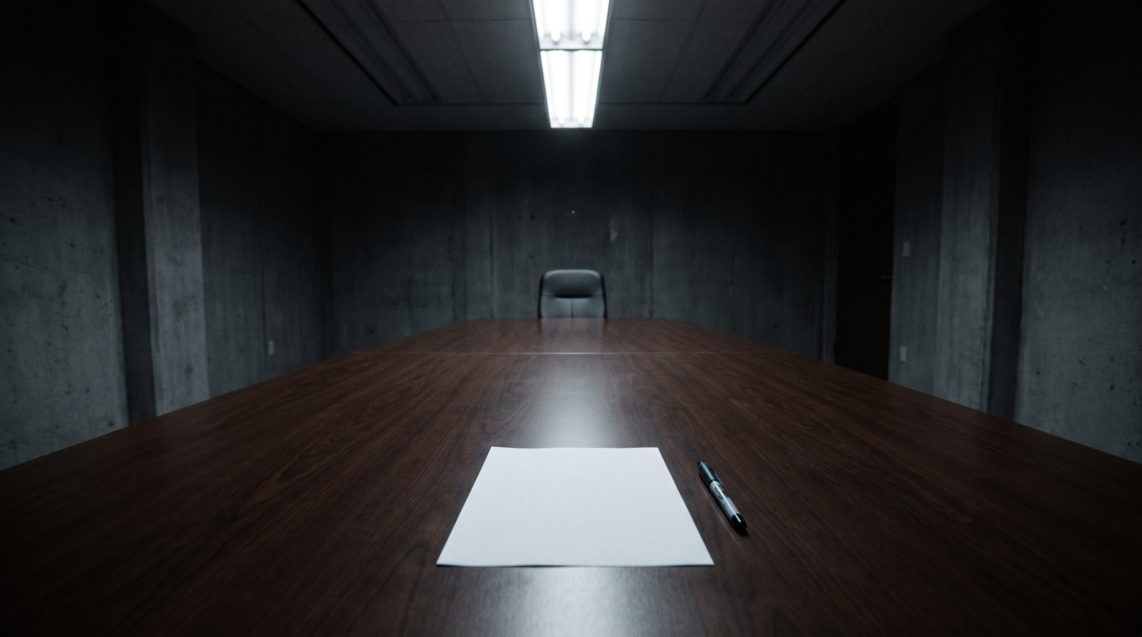Single blank sheet of paper and a pen on an empty conference table under harsh overhead light