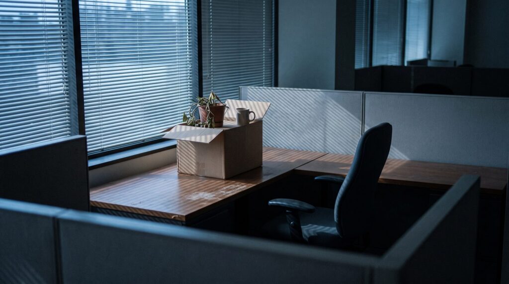 Empty office cubicle at dusk with a cardboard box of personal belongings on the desk